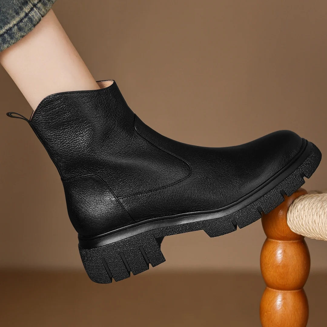 Women’s Genuine Sheepskin Ankle Boots with Side Zip – Round Toe, Soft Comfort, Thick Sole Casual Boots for Autumn