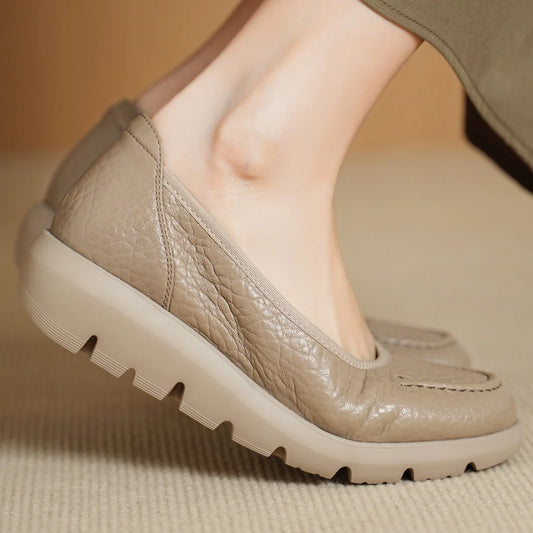 Women’s Sheepskin Slip-On Loafers – Round Toe Thick Sole Platform Flats for Everyday Comfort - HER SHOP