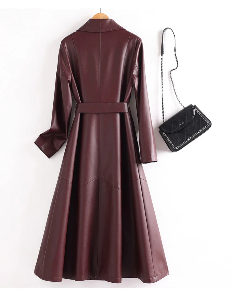 New Elegant Women’s Split Leather Trench Coat | Slim Waist Belted Long Coat with Suit Collar | Spring & Autumn Fashion Casual Outerwear