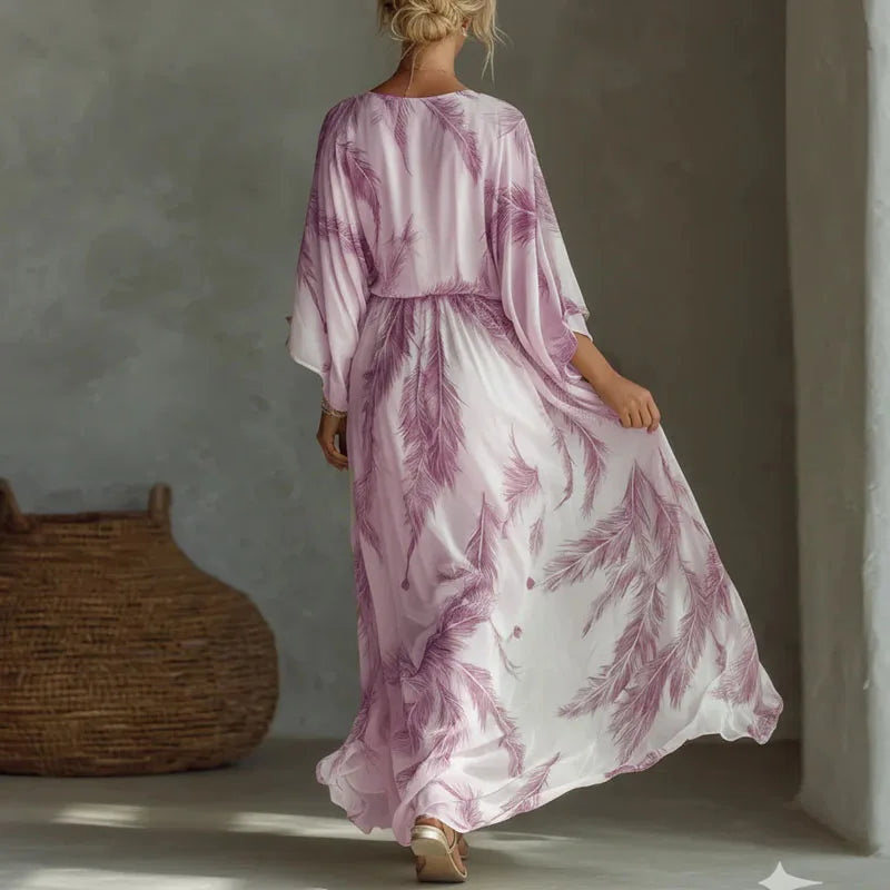 Women’s Feather Print Deep V-Neck Maxi Dress – Bohemian Batwing Sleeve Summer Resort Dress