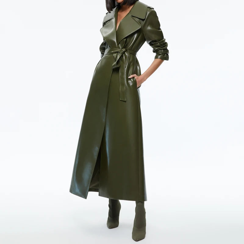 Long Sheepskin Leather Windbreaker Coat  –  Green, Loose Fit, Stylish Women'sOuterwear for Spring & Autumn