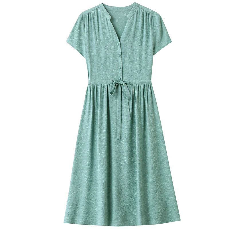19 Momme Real Silk Elegant Fashion Dresses For Women 2026 Summer V-neck Short Sleeve Drawstring Office Lady Long Dress A-line