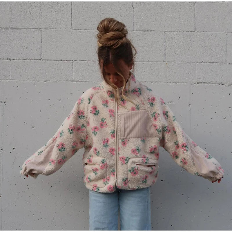 Retro Printed Plush Zipper Short Jacket Women Casual Loose High Neck Pocket Jackets Coat Lady 2025 Versatile Chic Street Outwear