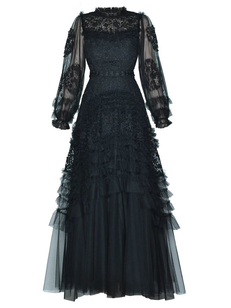 Women’s 2026 Spring Runway Lantern Sleeve Mesh Maxi Dress with Lace Flower Stitching and Ruffled Hem