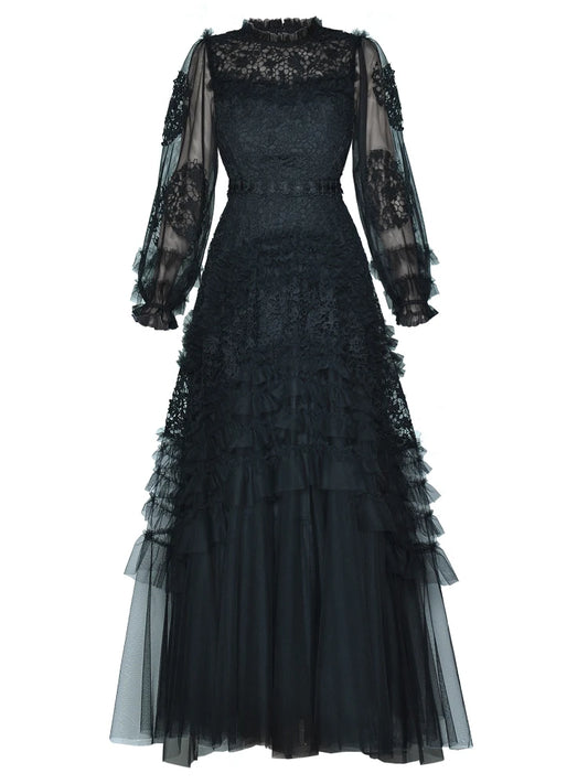 Women’s 2026 Spring Runway Lantern Sleeve Mesh Maxi Dress with Lace Flower Stitching and Ruffled Hem - HER SHOP