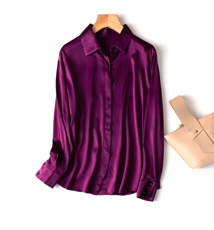 Women's 93% Mulberry Silk 7% Spandex 19 momme satin Silk Buttons down long sleeve shirt Top Blouse office work M L XL MM161