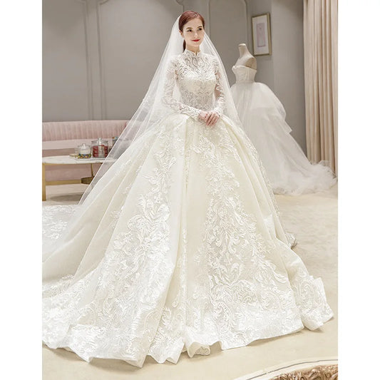 Elegant Modest Wedding Dress 2025 Long Sleeve Lace Embroidery Ball Gown Custom Princess Style - HER SHOP