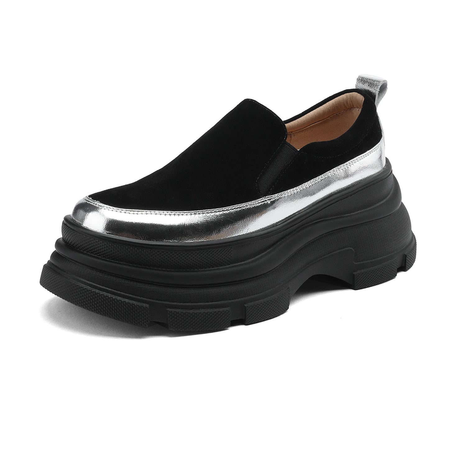 Women’s Retro Sheep Suede Slip-On Loafers – Round Toe Platform Sneakers with Crystal Detail, Casual Vulcanized Flats