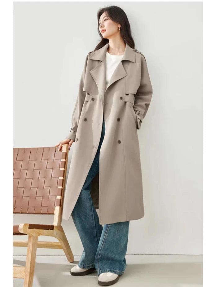 Elegant Long Trench Coat for Women – Fall 2024 Double-Breasted Windbreaker