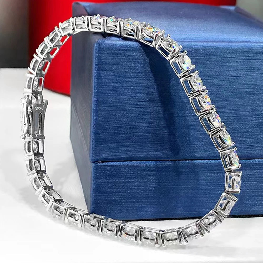 925 Sterling Silver Tennis Bracelet | 3EX Round Cut VVS1 D Moissanite (3mm/4mm/5mm) | 15–20CM Adjustable | Women's Gift Jewelry