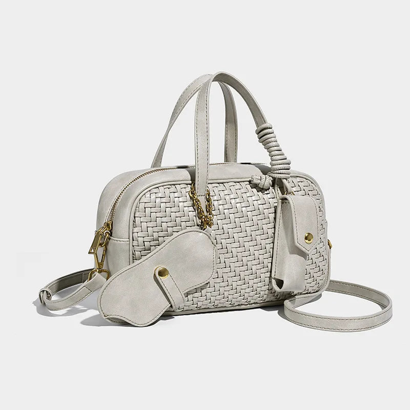 Women's Boston Bag 2025 Fall Winter New Woven Bowling Bag Unique Design Handheld Pack Trendy Light Luxury PU Leather Handbag