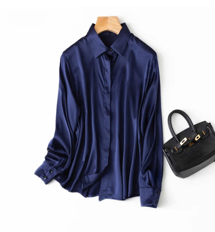 Women's 93% Mulberry Silk 7% Spandex 19 momme satin Silk Buttons down long sleeve shirt Top Blouse office work M L XL MM161