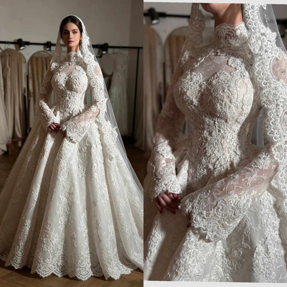 Custom Modest High Neck Long Sleeve Lace A-Line Wedding Dress with Pearls – Plus Size Bridal Gown