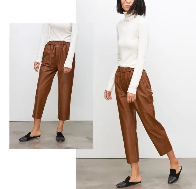 Women’s Genuine Sheepskin Leather Pants – High Waist Straight Fit Ankle-Length Trousers