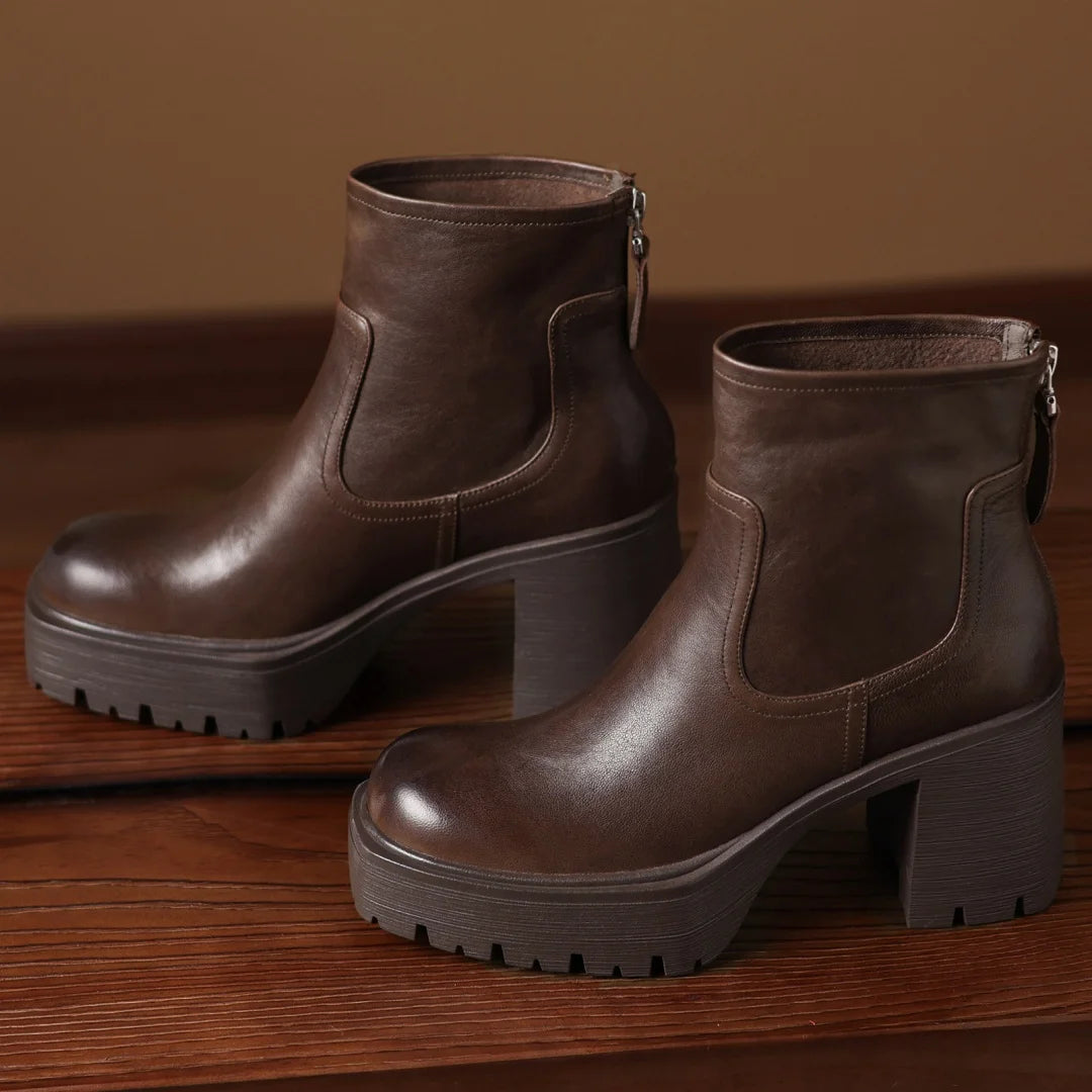 Women’s Genuine Leather Platform Ankle Boots with Chunky Heel – Round Toe Back Zip Punk Booties (8.5cm)