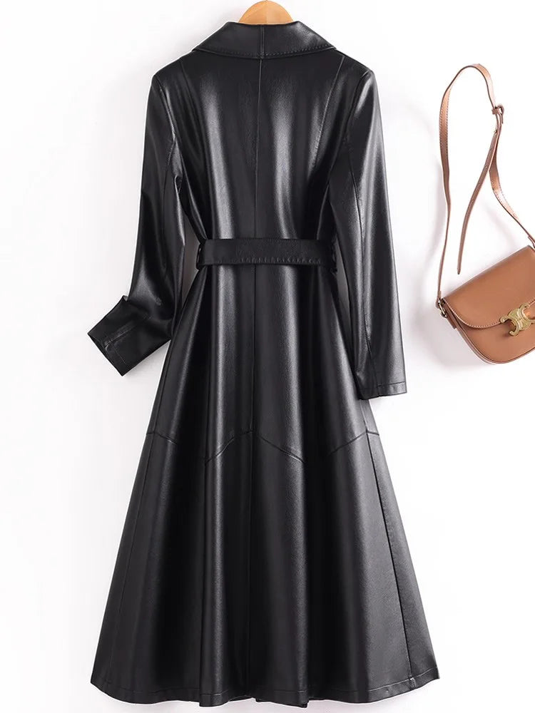 New Elegant Women’s Split Leather Trench Coat | Slim Waist Belted Long Coat with Suit Collar | Spring & Autumn Fashion Casual Outerwear