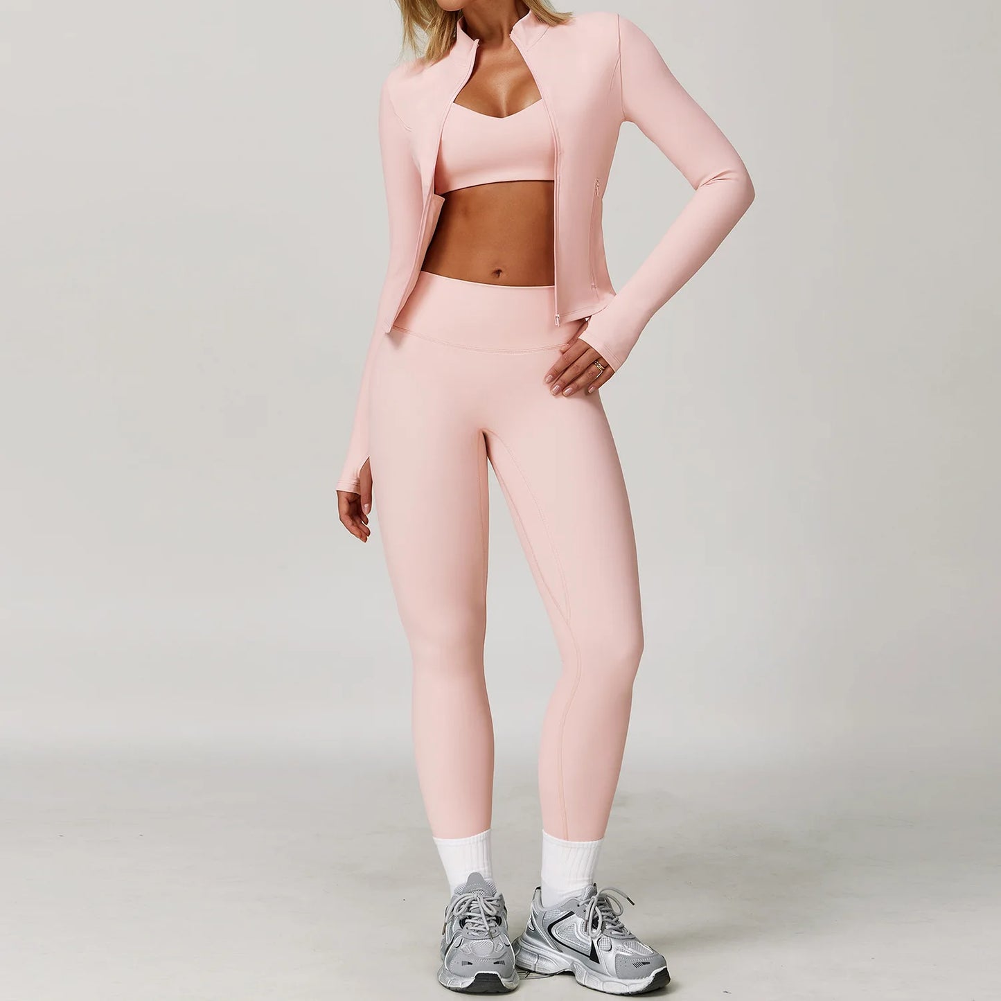3 Pieces Sports Set Slim Fit Quick Dry Yoga Workout Jacket Breathable Casual Top High Waisted Push Up Fitness Clothes Female