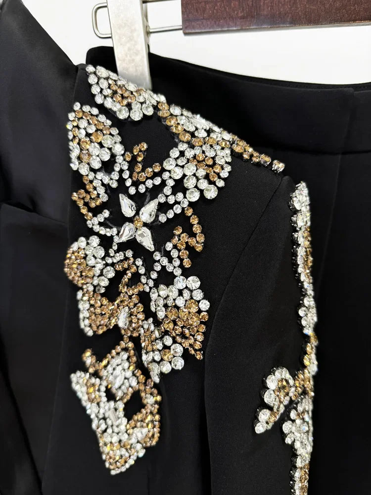 HIGH QUALITY Newest Designer Suit Women Beaded Diamonds Stand Collar Single Button Blazer Wide-leg Pants Set 2PCS
