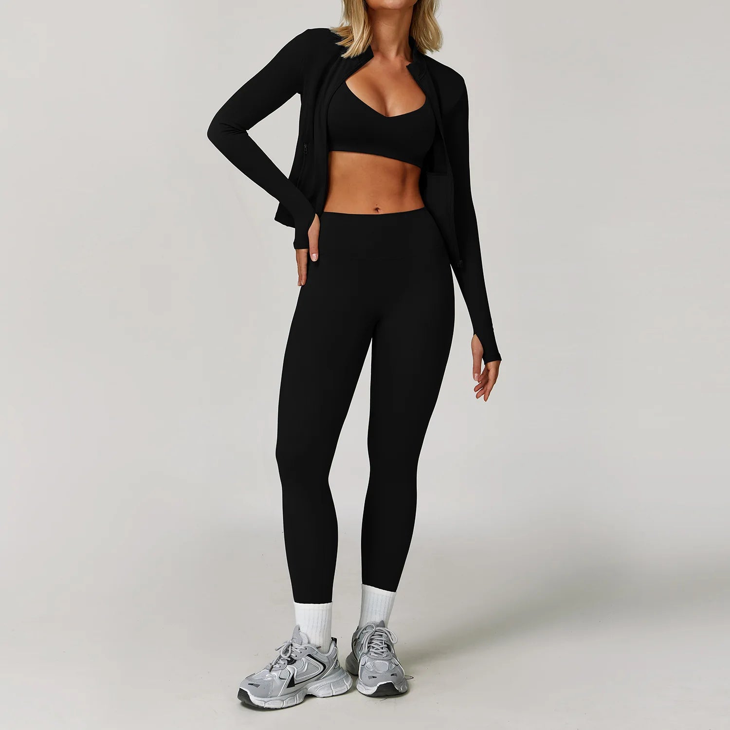 3 Pieces Sports Set Slim Fit Quick Dry Yoga Workout Jacket Breathable Casual Top High Waisted Push Up Fitness Clothes Female
