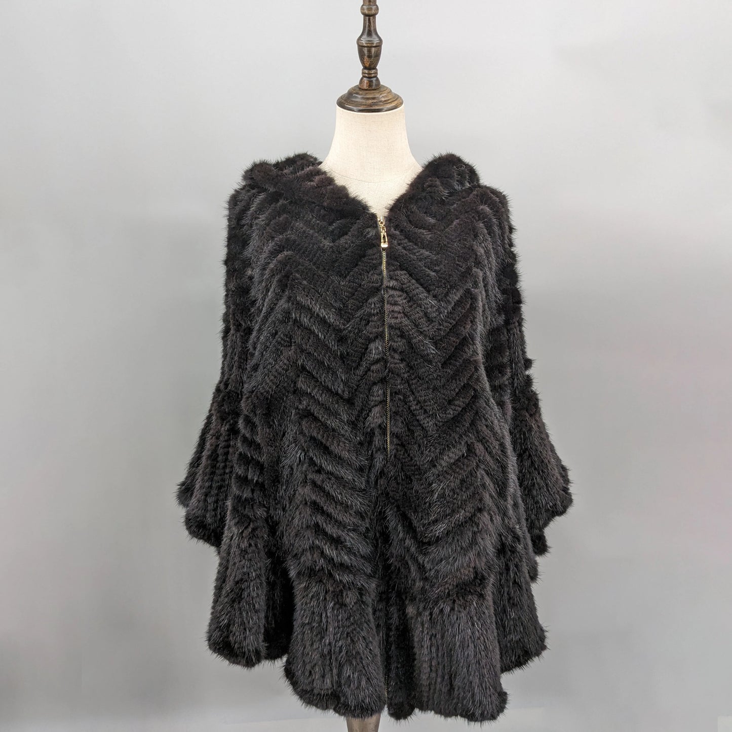 Luxury Real Knitted Mink Fur Cape with Hood – Ruffle Shawl Zipper Wrap for Women (Plus Size)