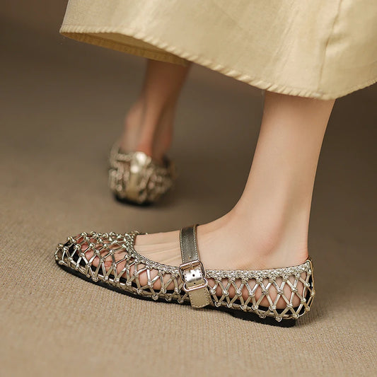 Summer Ballet Shoes Women's Mary Jane Shoes Women's Flat Bottom Mesh Fishing Net Handmade Single Shoes Genuine Leather Sandals - HER SHOP