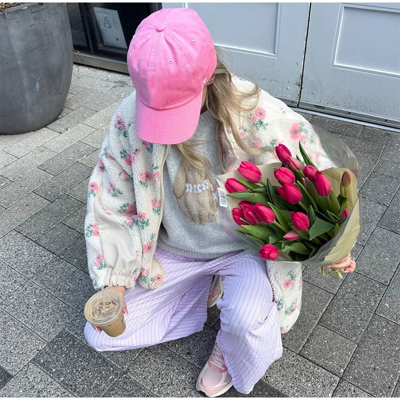 Retro Printed Plush Zipper Short Jacket Women Casual Loose High Neck Pocket Jackets Coat Lady 2025 Versatile Chic Street Outwear