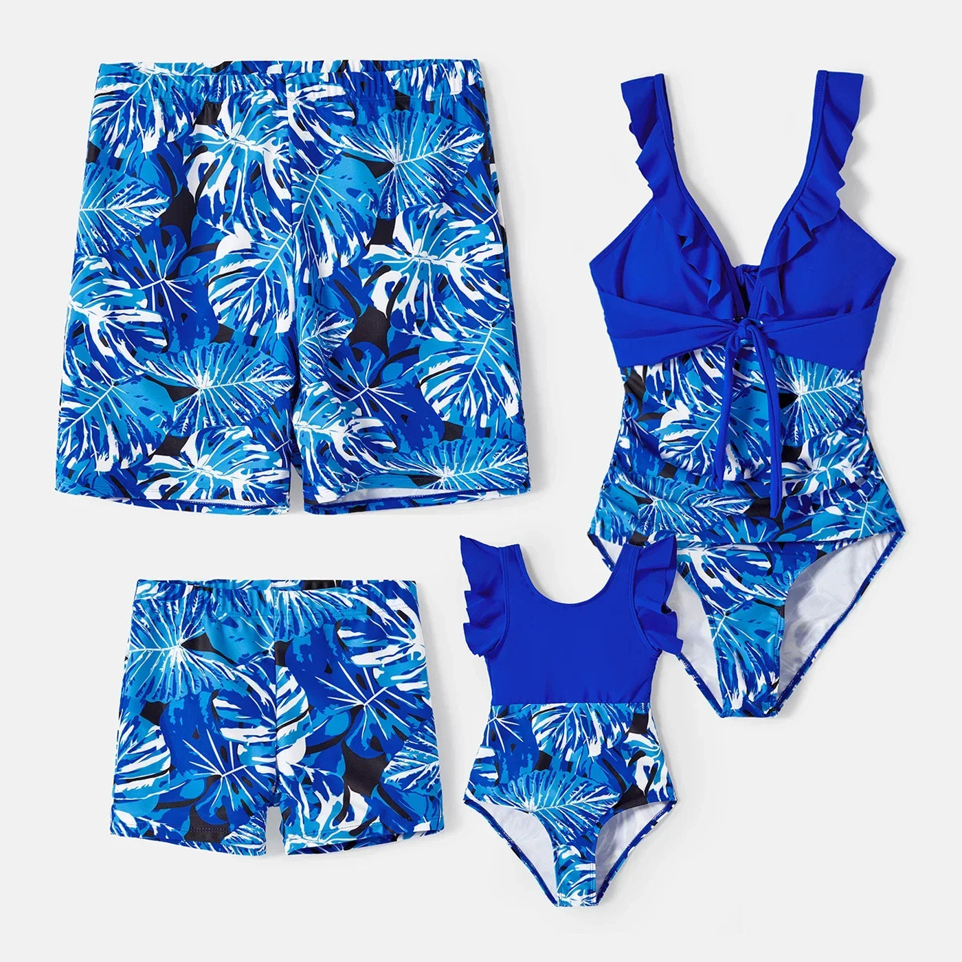 Family Matching Swimsuits Plant Print Swim Trunks and Blue Ruffle Trim Spliced One-piece Swimsuit - HER SHOP