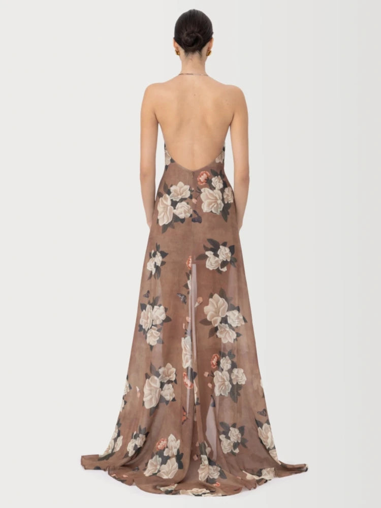 Halter Neck Printed Backless Asymmetrical Party Dress