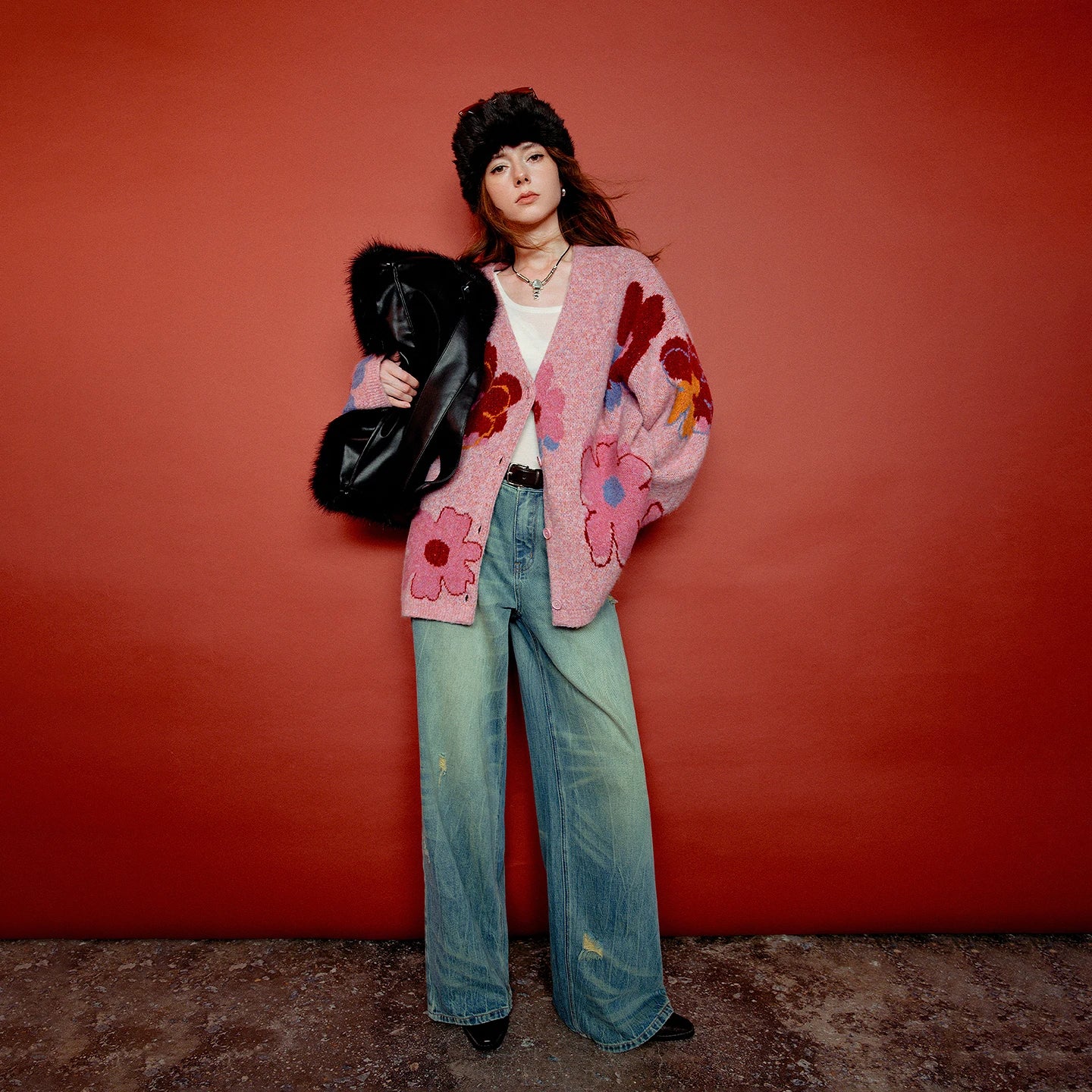 Women’s Floral Jacquard Knit Cardigan Coat – V-Neck Button Front Office-Style Jacket for Spring & Fall