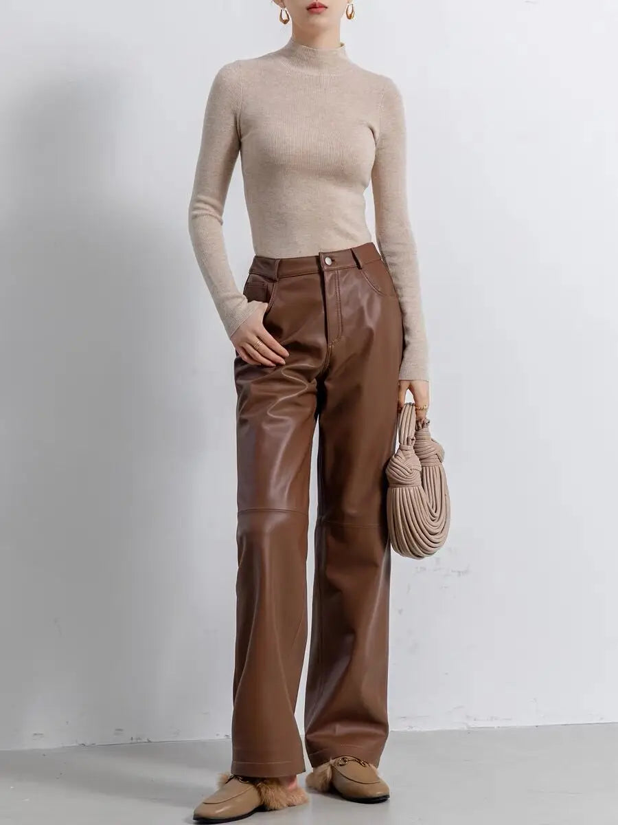 Leather Long Pants Women New Commuter Waist Slim Sheepskin Wide Leg Full Length Straight Cylinder Trousers