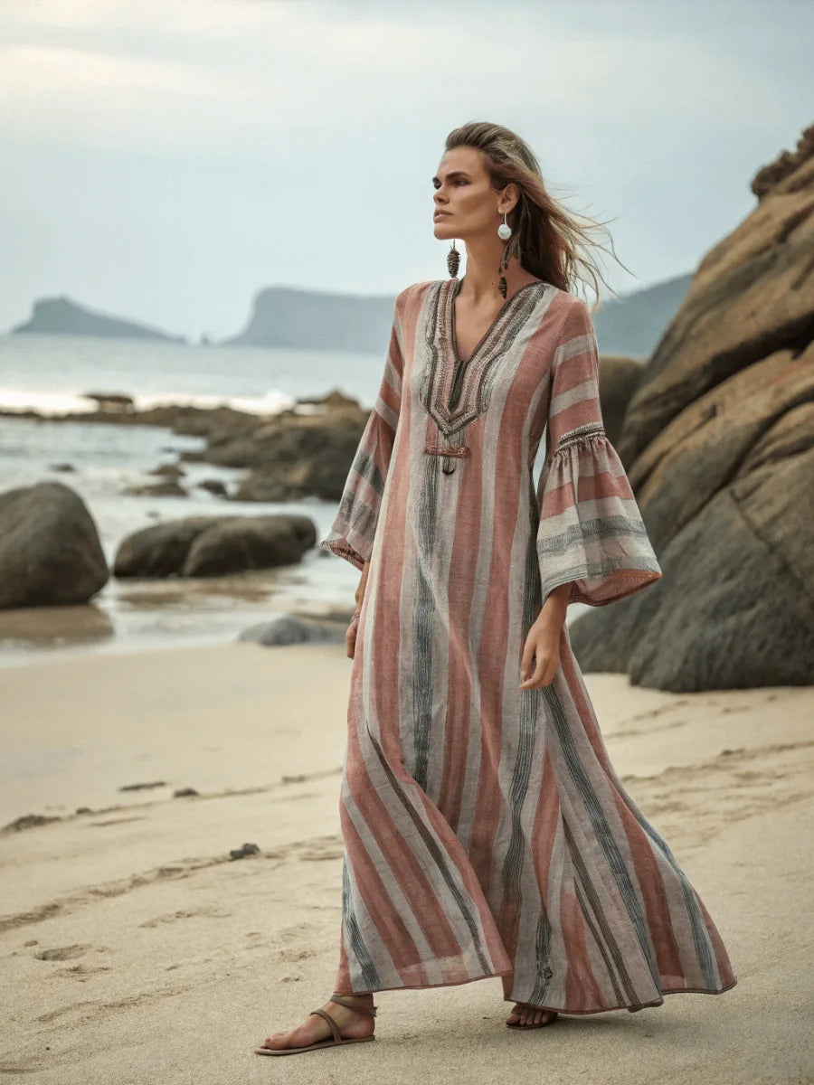 2026 Spring/Autumn Ethnic Print Maxi Dress V-Neck, Striped Contrast, Trumpet Sleeves, Loose Fit Vacation Long Dress for Women