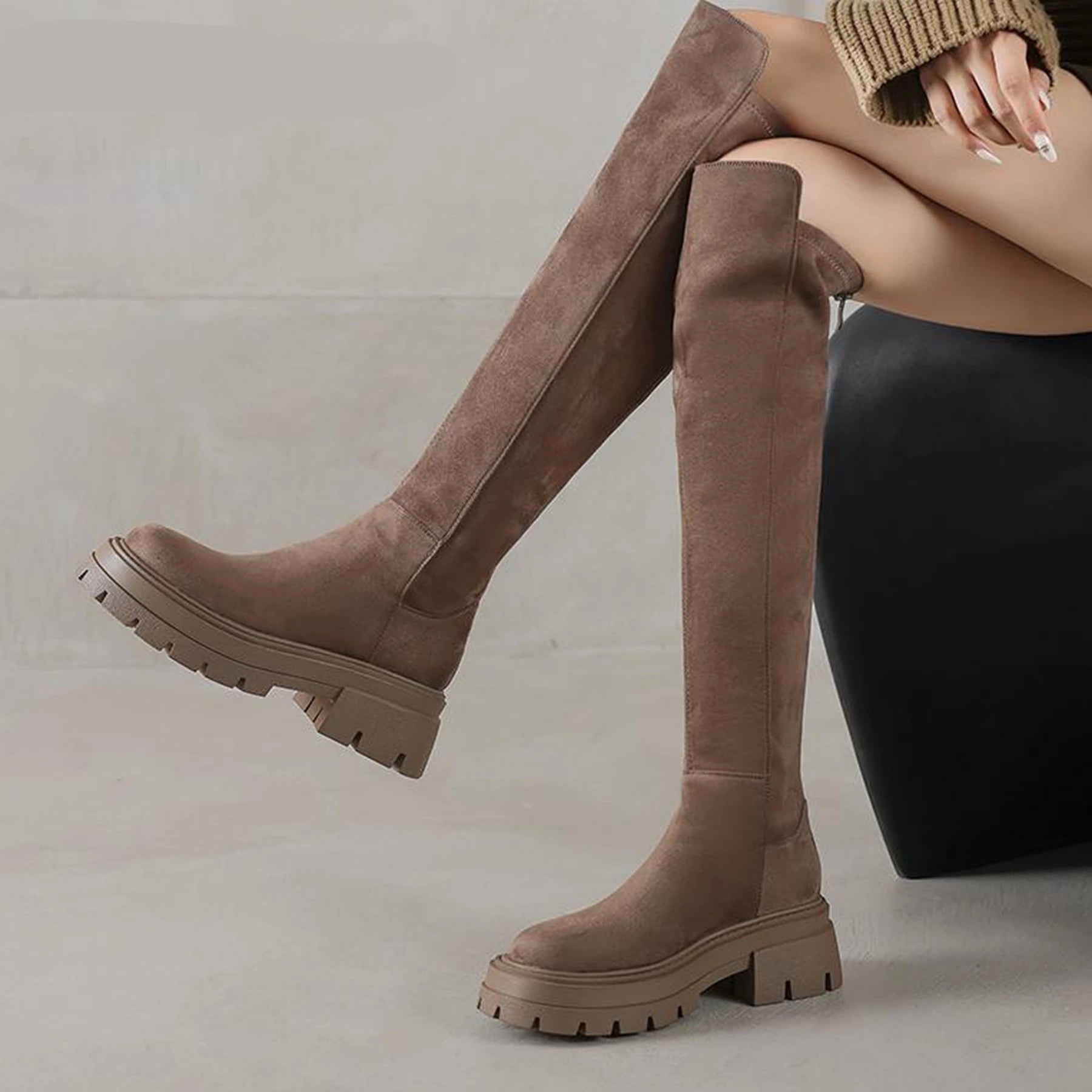 Flock Round Toe Stretch Over-the-Knee Boots with Medium Heels – Elegant, Modern, and Warm Slip-On Style for Leisure and Everyday Chic - HER SHOP