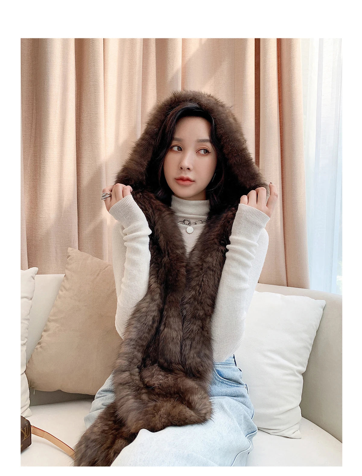2025 Lady Real Sable Fur Hat Scarf Winter Warm Fluffy 100% Natural Sable Fur Hat Scarves Women Knitted Genuine Fur Cap Shawl