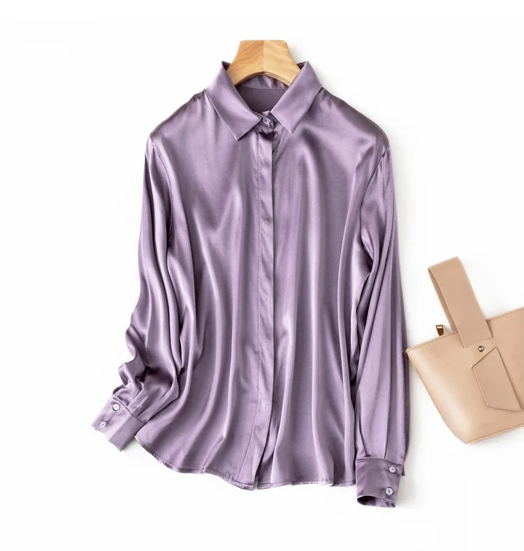 Women's 93% Mulberry Silk 7% Spandex 19 momme satin Silk Buttons down long sleeve shirt Top Blouse office work M L XL MM161