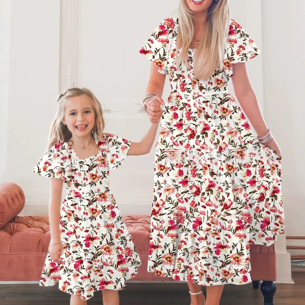 Vintage Mom and Daughter Matching Summer Dress Set – Casual Beach Family Outfits for Women & Girls