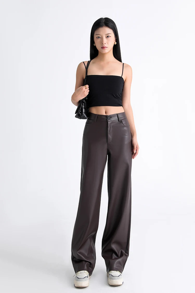 Fall Winter Fleece Loose Wide Leg Warm Leather Pants Women Button Pocket High Waist Thick PU Casual Straight Pants - HER SHOP