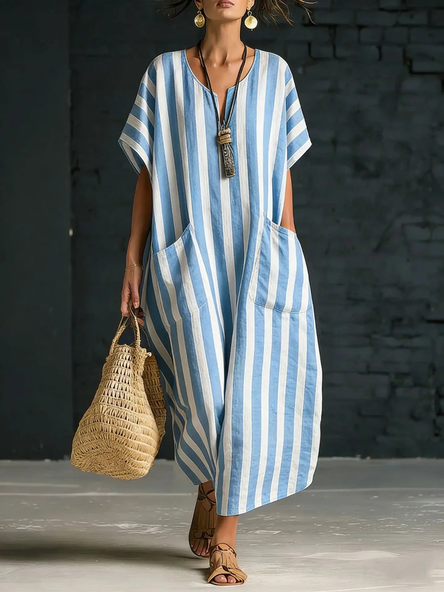 Striped V-Neck Loose Casual Summer Dress