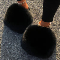 Extra Large Real Fox Raccoon Fur Slides - Designer Beach Sandals with Plush Furry Detailing for Women