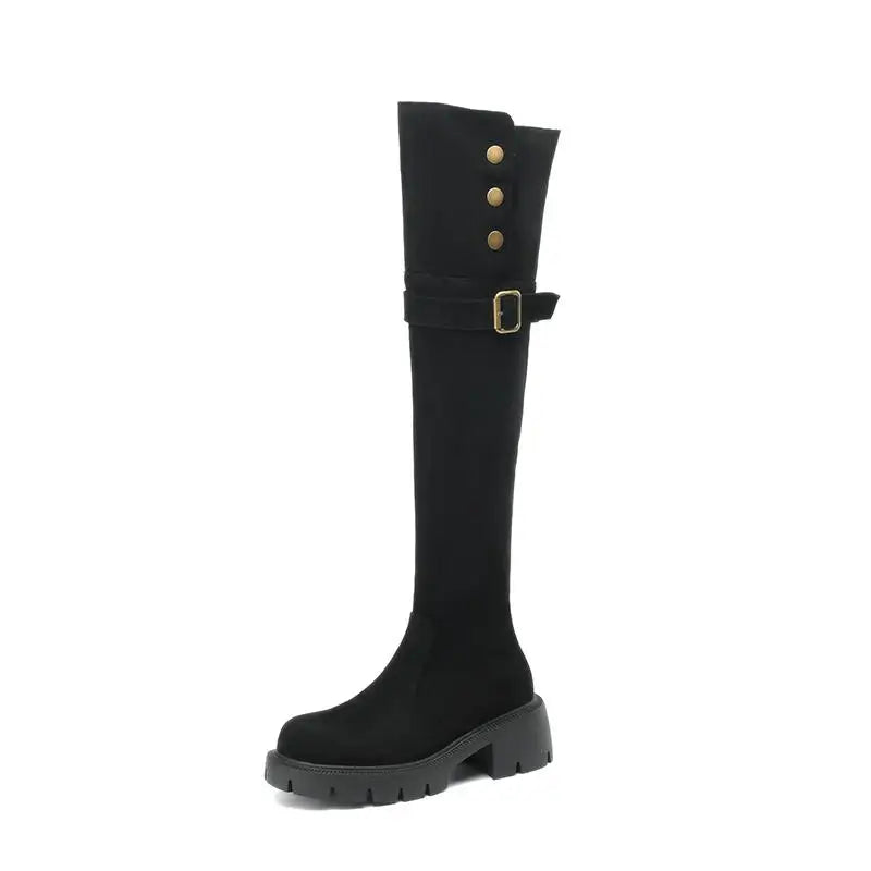 Flock Fur Over-the-Knee Winter Boots – Round Toe, Lace-Up, Zipper & Buckle Design, Thick Medium Heels, Warm Punk Snow Riding Style