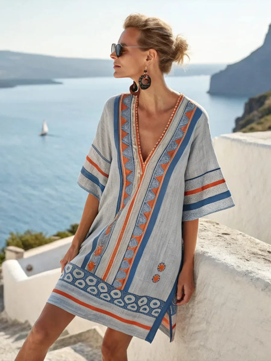 Vintage Striped Sexy V-Neck Summer Dress – Women's Short Sleeve Beach & Vacation Style