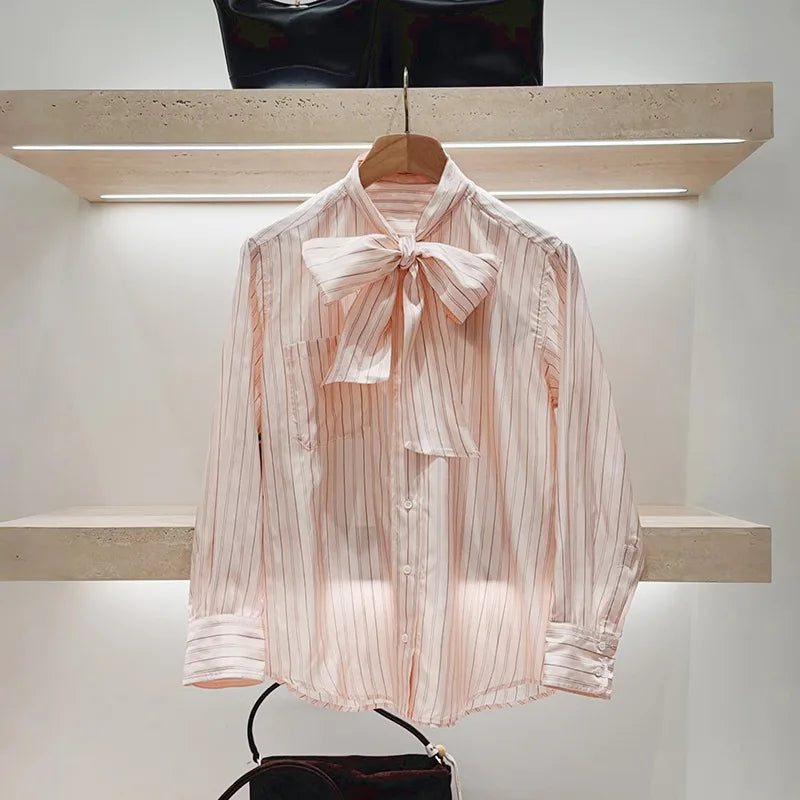 Retro Pink Striped Bow Tie Blouse – Women's Long Sleeve Office Shirt with Ribbon Collar & Pocket