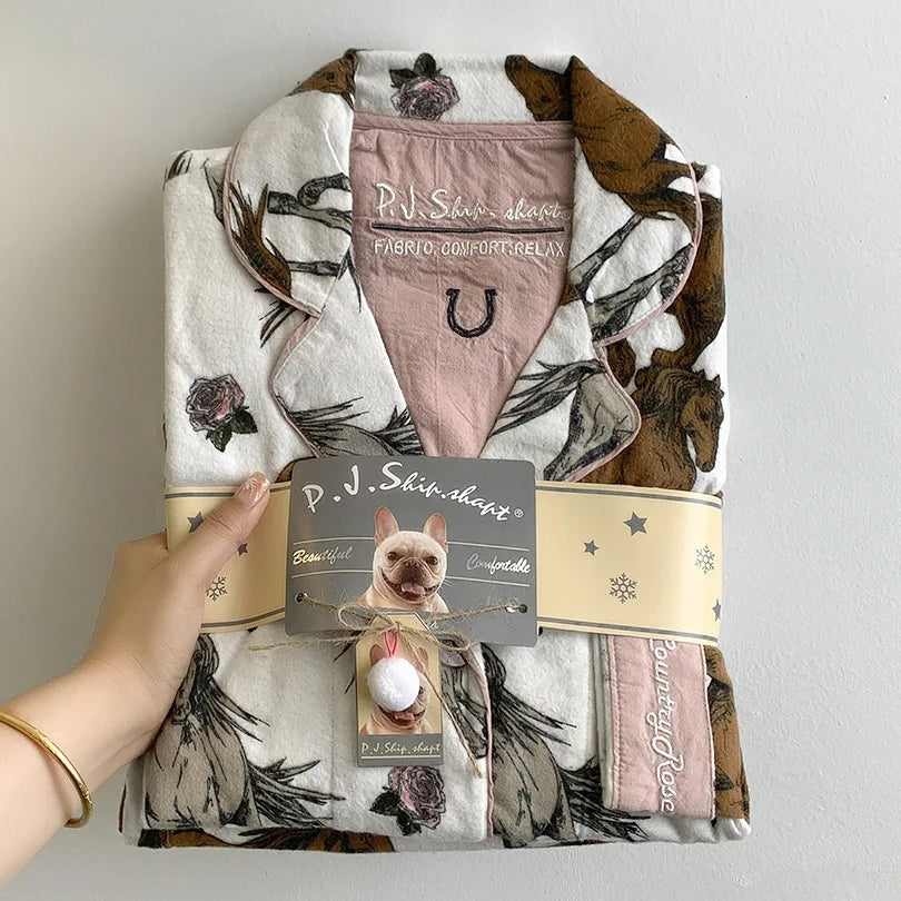 Women’s Cotton Cartoon Pajama Set – Long Sleeve Shirt & Pants Holiday Loungewear