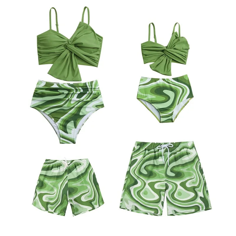Leaf Print Swimwear Family Matching Outfits Look Mother Daughter Bikini Swimsuits Mommy and Me Clothes Dad Son Swimming Trunks