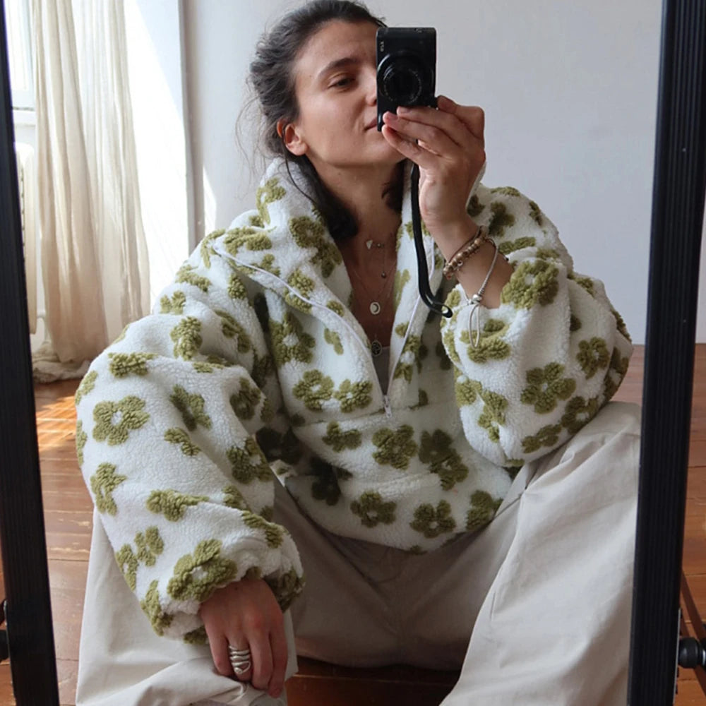 Fashion Print Contrast Pullover Oversized Zipper Knit Long-Sleeve Top  –  Casual, Warm Vintage Sweatshirt for Women, Perfect for Office Wear