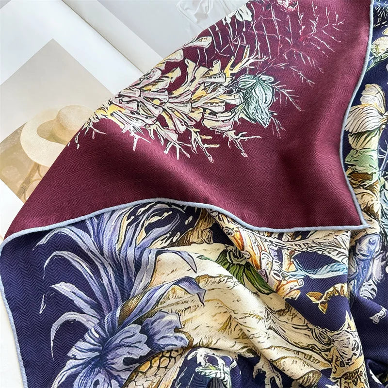 Winter Soft Scarf Double-Faced Printed Shawls Silk Wool Hand-rolled Edge Scarves Square Large Bandanas Shawls Christmas Gift