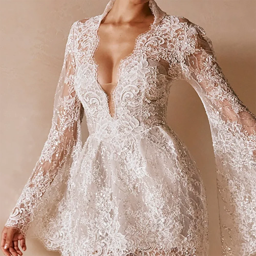 Elegant V-Neck Full Sleeve Lace Beading Mini A-Line Bride Wedding Dresses Bridal Gowns Customized - HER SHOP