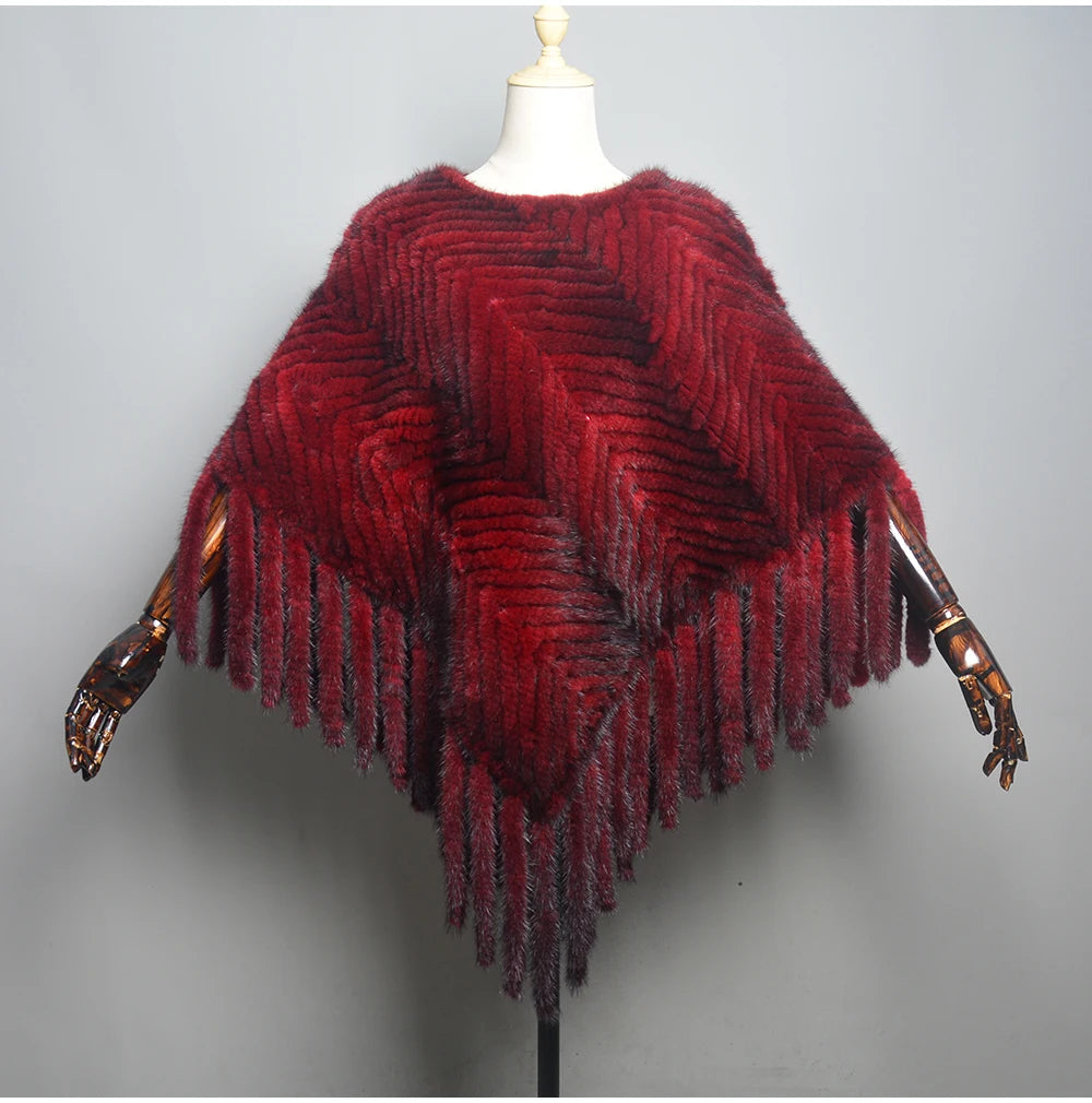 2024 Hot Sale Women Real Fur Poncho Black Brown Knitted Natural Mink Fur Scarves Shawl Lady Fashion 100% Genuine Mink Fur Shawls