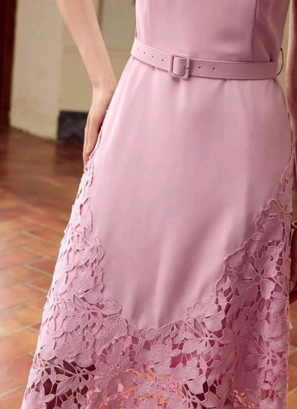 Customized Vintage Pink Lace Tea-Length Dress – Elegant O-Neck Sleeveless Satin Formal Party Dress with Belt