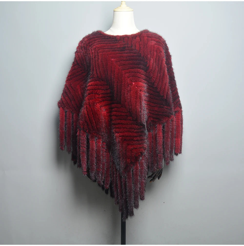 2024 Hot Sale Women Real Fur Poncho Black Brown Knitted Natural Mink Fur Scarves Shawl Lady Fashion 100% Genuine Mink Fur Shawls