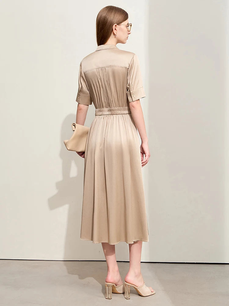 Minimalism Silk Dress for Women – Summer Light Luxury Lapel Half Placket Stretch Long Shirt Dress